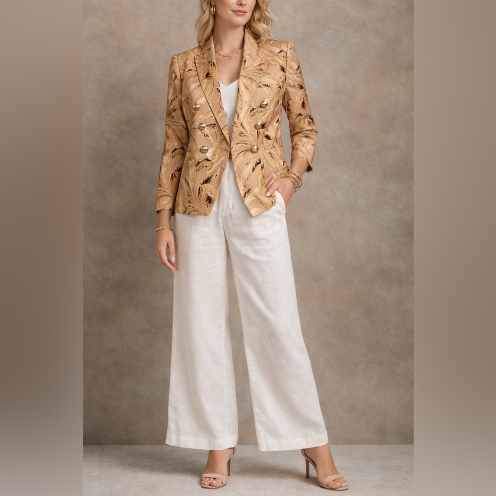 L’Agence Brooke Blazer Size 10 Neutral‎ Leaves Print Designer Statement Jacket - Picture 2 of 11